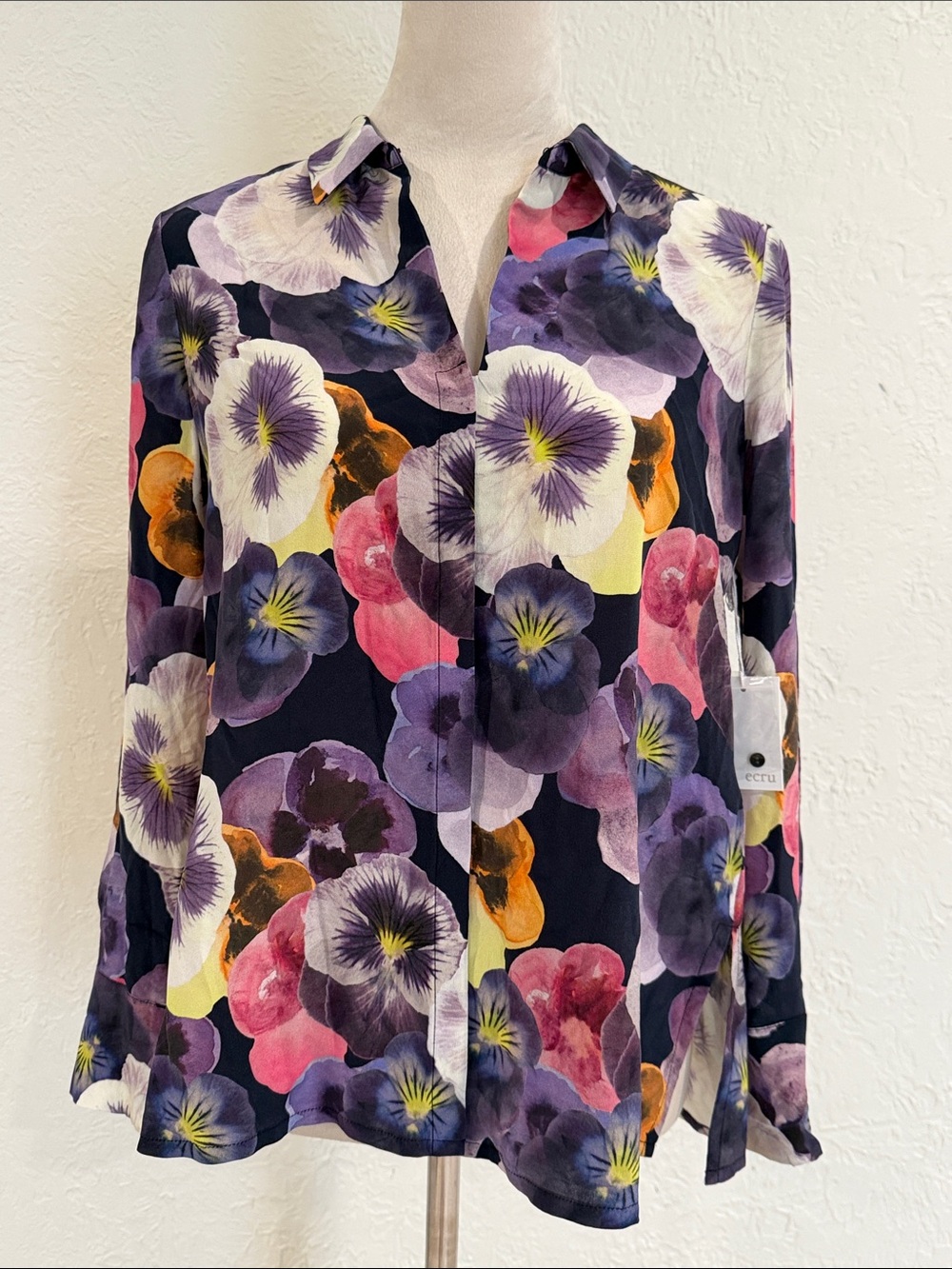 ecru Floral Pansy Button-Down Blouse silk NWT size XS